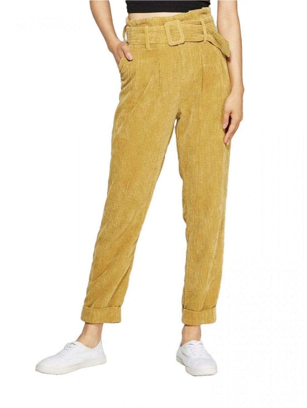 wild fable Mustard Yellow Corduroy Paperbag Trousers with Belt
